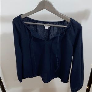 Gap Navy Blue V-Neck Tie Neck Embroidered Top